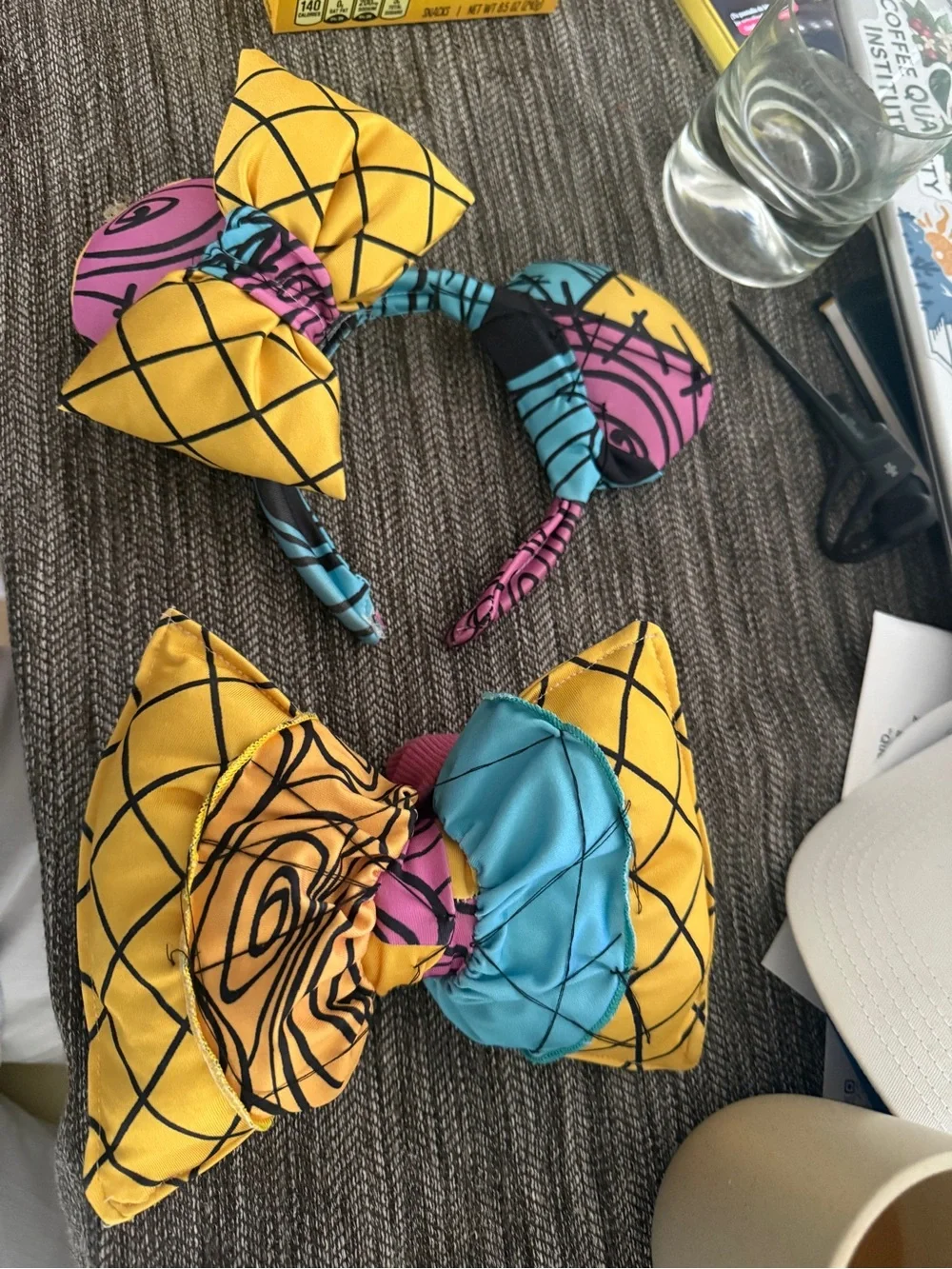 Handmade one of a kind Bow Headband and Hair ears Set - Yellow & Pink & Blue
